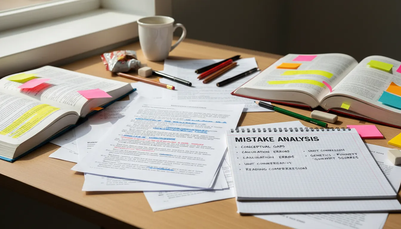 Pre-med student analyzing mistakes from an MCAT practice exam