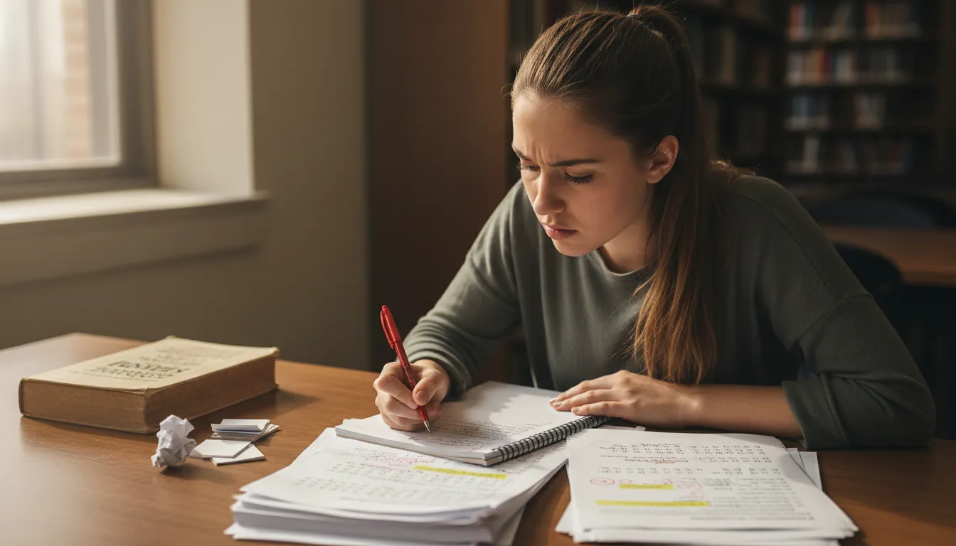 Pre-med student reviewing an MCAT practice exam at a desk